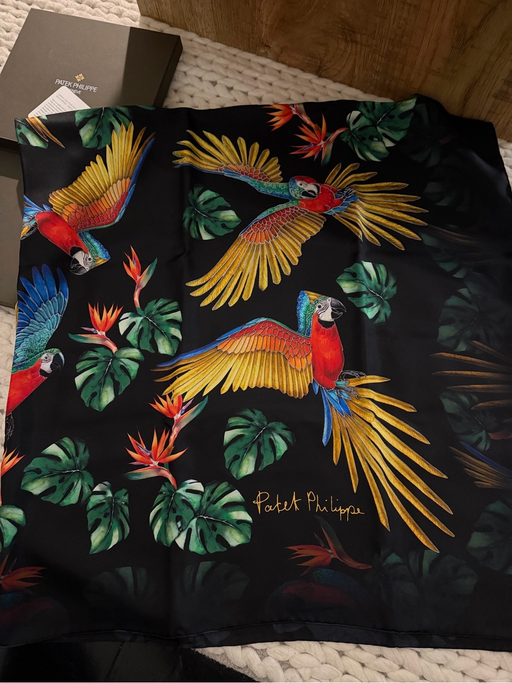 Patek Philippe Black Scarf with Red, Yellow, Blue and Green Parrot Motif